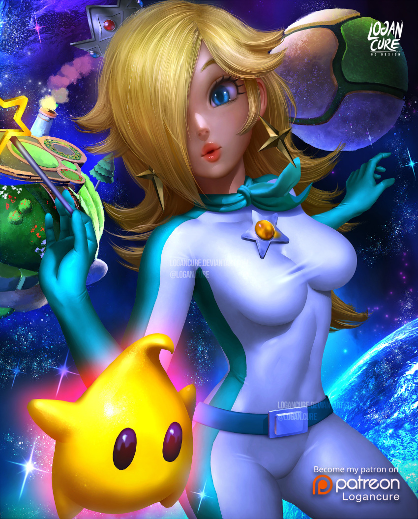 1girl absurdres biker_clothes bikesuit blonde_hair bodysuit chiko_(mario) crown earrings hair_over_one_eye highres jewelry logan_cure long_hair super_mario_bros. mario_kart nintendo planet rosetta_(mario) skin_tight star star_earrings super_mario_bros. super_mario_galaxy universe