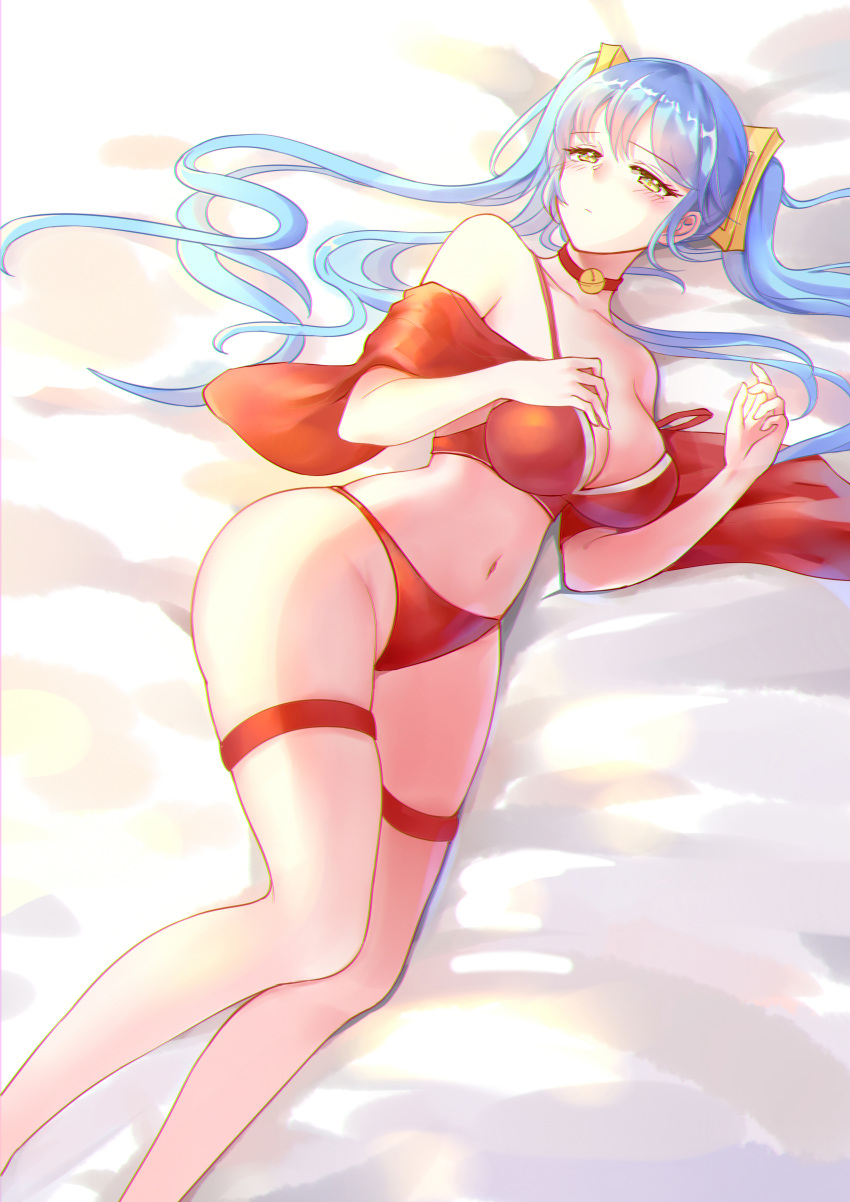 absurdres alternate_costume amiemie bell blue_hair blush bra breasts choker feet_out_of_frame hair_ornament highres jingle_bell large_breasts league_of_legends long_hair looking_at_viewer lying navel on_side panties red_bra red_panties sona_buvelle strap_slip thigh_strap twintails underwear yellow_eyes