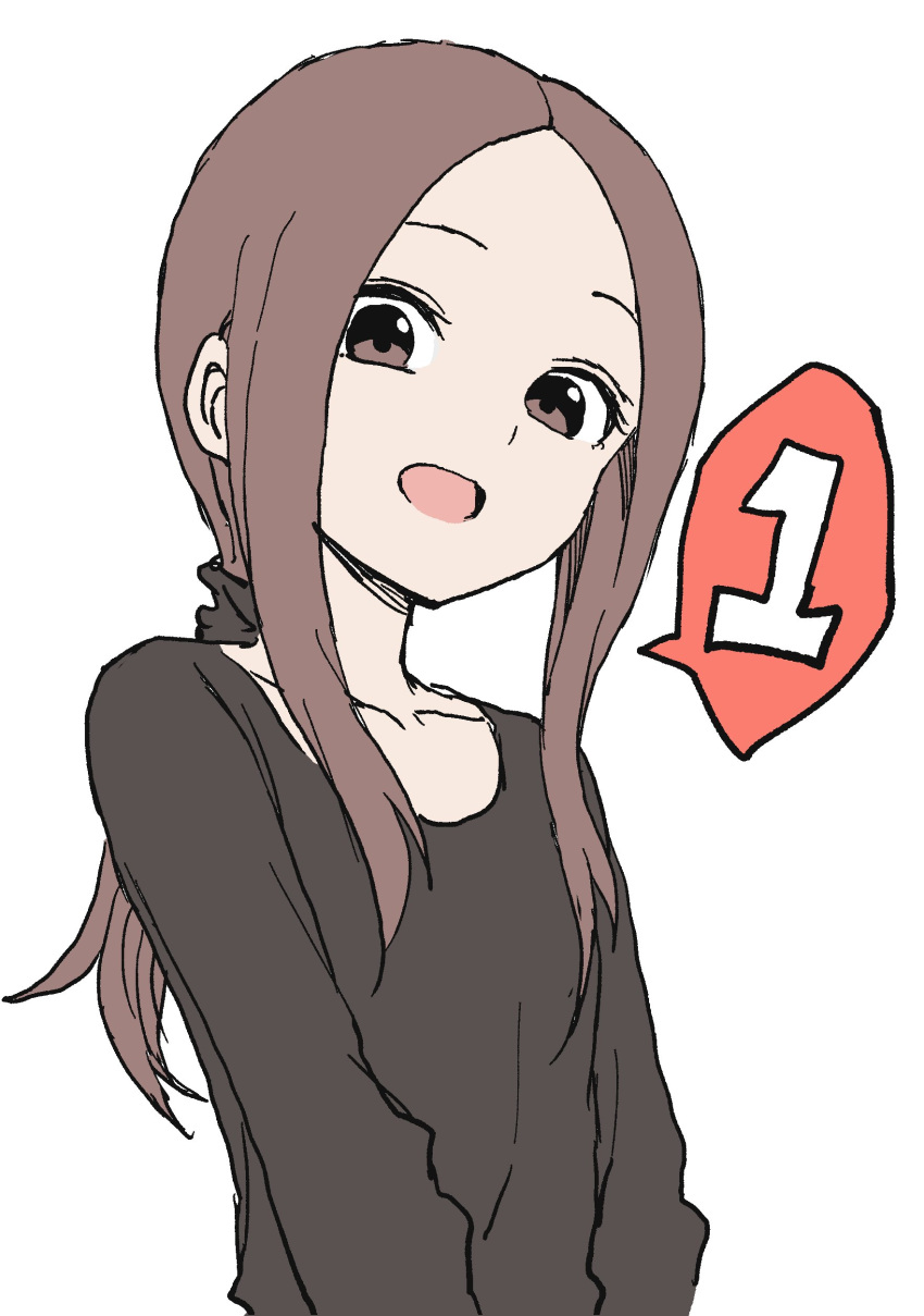 1girl :d absurdres black_shirt brown_eyes brown_hair highres karakai_jouzu_no_takagi-san long_hair long_sleeves looking_at_viewer number official_art older open_mouth ponytail shirt simple_background smile solo speech_bubble spoken_number takagi-san upper_body white_background yamamoto_souichirou