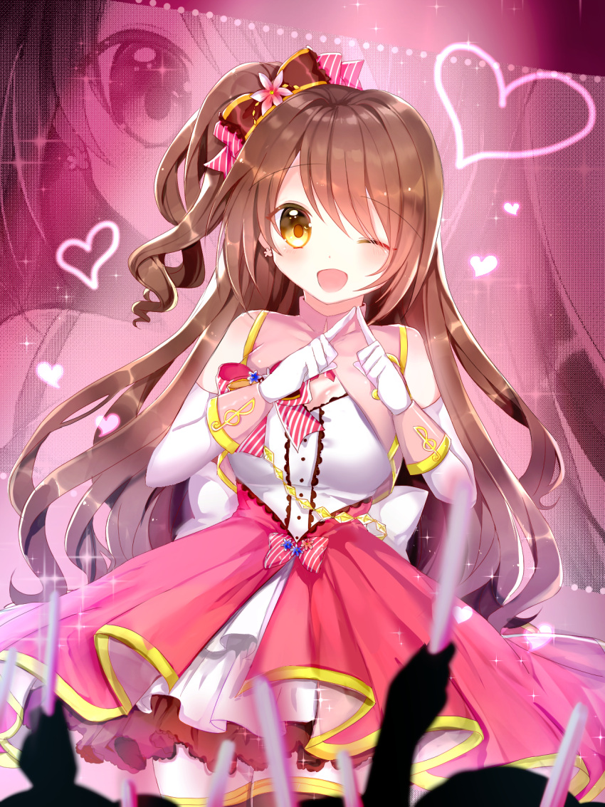 1girl ;d blurry bow brown_hair concert depth_of_field elbow_gloves gloves hair_bow hair_ornament hair_ribbon heart highres holding idolmaster idolmaster_cinderella_girls idolmaster_cinderella_girls_starlight_stage light_stick long_hair looking_at_viewer miyo_(user_zdsp7735) one_eye_closed one_side_up open_mouth orange_eyes ribbon shimamura_uzuki smile white_gloves zoom_layer