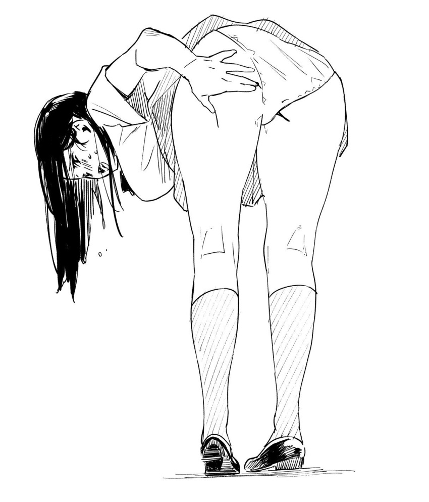 1girl ass bent_over black_hair highres kamiyama_aya long_hair monochrome original panties sketch skirt underwear