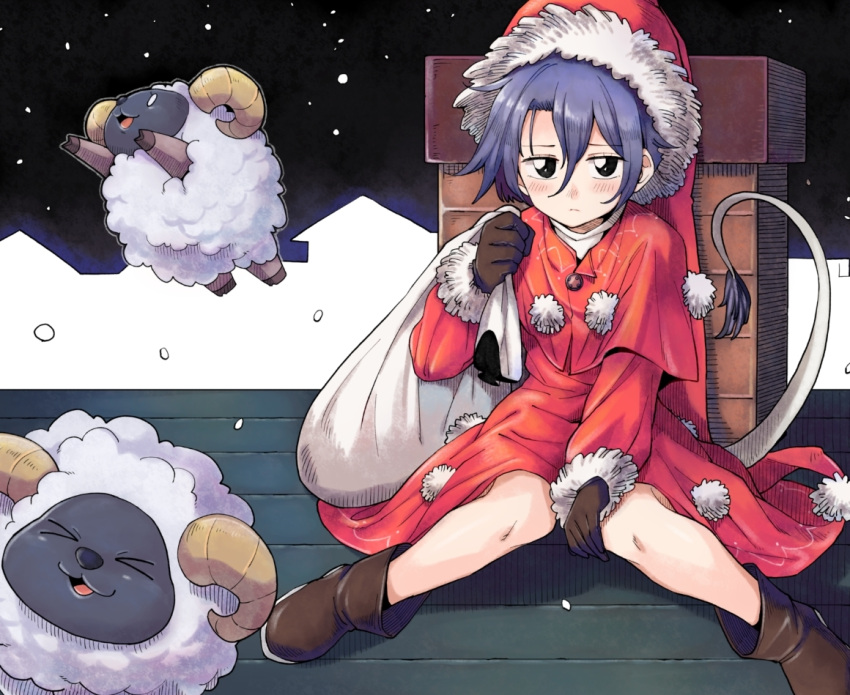 1girl alternate_color anarogumaaa animal black_eyes black_gloves blue_hair brown_footwear capelet chimney commentary_request doremy_sweet dress gloves hair_between_eyes hat holding knees_together_feet_apart looking_at_viewer night night_sky outdoors pom_pom_(clothes) red_dress rooftop sack santa_costume santa_hat sheep shoes short_hair sky snowing solo tail tapir_tail touhou winter