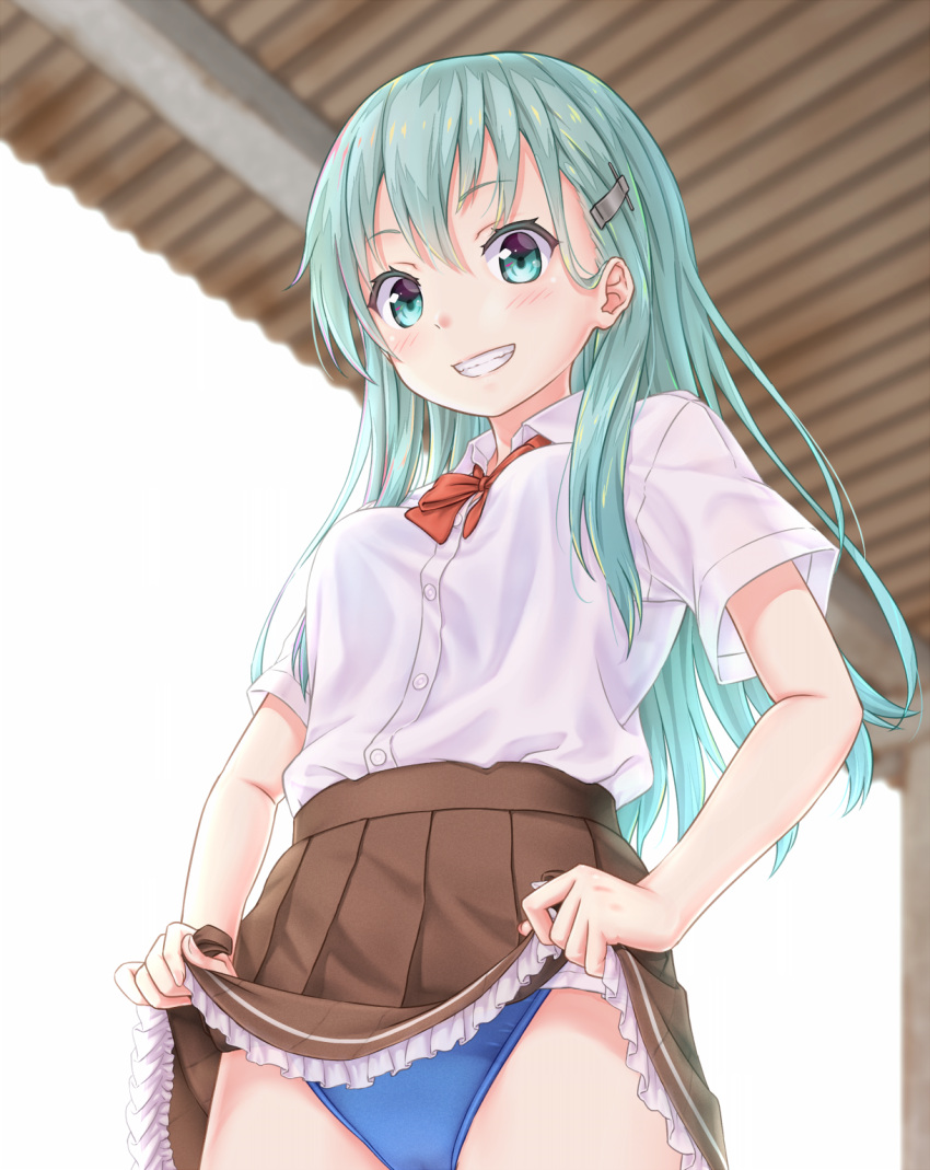 1girl aqua_eyes aqua_hair blue_swimsuit blush bow bowtie breasts brown_skirt collared_shirt day frilled_skirt frills gotou_hisashi grin hair_ornament hairclip highres kantai_collection lifted_by_self long_hair looking_at_viewer looking_down medium_breasts pleated_skirt red_neckwear remodel_(kantai_collection) school_swimsuit shirt short_sleeves skirt skirt_lift sky smile solo suzuya_(kantai_collection) swimsuit swimsuit_under_clothes teeth upper_body white_shirt
