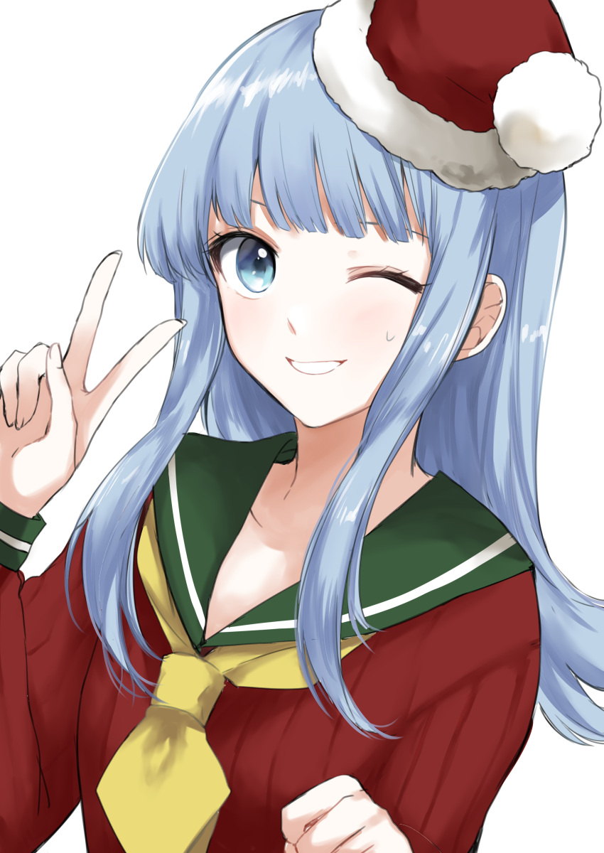 1girl ;) absurdres bangs blue_eyes blue_hair blunt_bangs blush fur_trim hand_up hat hatsukaze_(kantai_collection) highres hime_cut kantai_collection long_hair long_sleeves looking_at_viewer morinaga_miki neckerchief necktie one_eye_closed red_hat santa_costume santa_hat school_uniform serafuku shiny shiny_hair sidelocks simple_background smile solo sweatdrop tareme upper_body v white_background yellow_neckwear