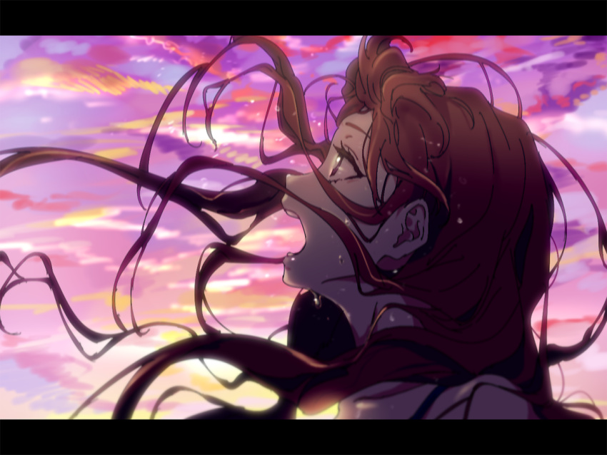 1girl aikatsu! brown_hair clouds cloudy_sky dripping floating_hair flying_sweatdrops from_side long_hair mgn0isi open_mouth portrait shibuki_ran sky solo sunset sweat sweating violet_eyes