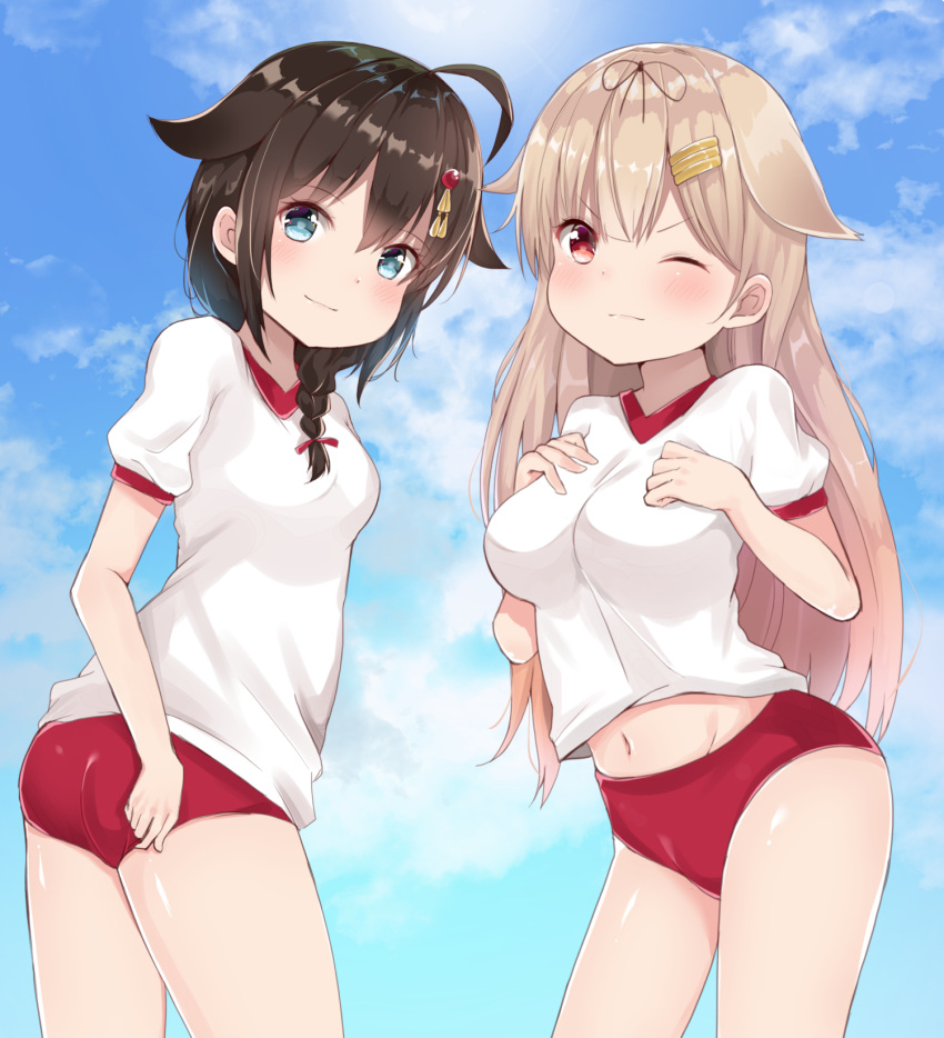 2girls adjusting_buruma adjusting_clothes alternate_costume ass black_hair black_ribbon blonde_hair blue_eyes braid breasts buruma gym_shirt gym_uniform hair_flaps hair_ornament hair_over_shoulder hair_ribbon highres kantai_collection long_hair looking_at_viewer looking_back medium_breasts multiple_girls noeru_(gt17854) one_eye_closed red_eyes remodel_(kantai_collection) ribbon shigure_(kantai_collection) shirt short_sleeves smile straight_hair white_shirt yuudachi_(kantai_collection)