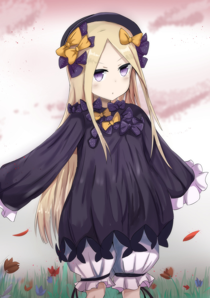 1girl :o abigail_williams_(fate/grand_order) absurdres bangs black_dress black_hat blonde_hair bloomers blue_eyes blue_flower blush bow butterfly commentary_request daru_(kumakumadon) dress fate/grand_order fate_(series) flower hair_bow hands_in_sleeves hat highres long_sleeves looking_at_viewer object_hug orange_bow outstretched_arms parted_bangs parted_lips polka_dot polka_dot_bow purple_bow red_flower solo stuffed_animal stuffed_toy teddy_bear underwear white_bloomers