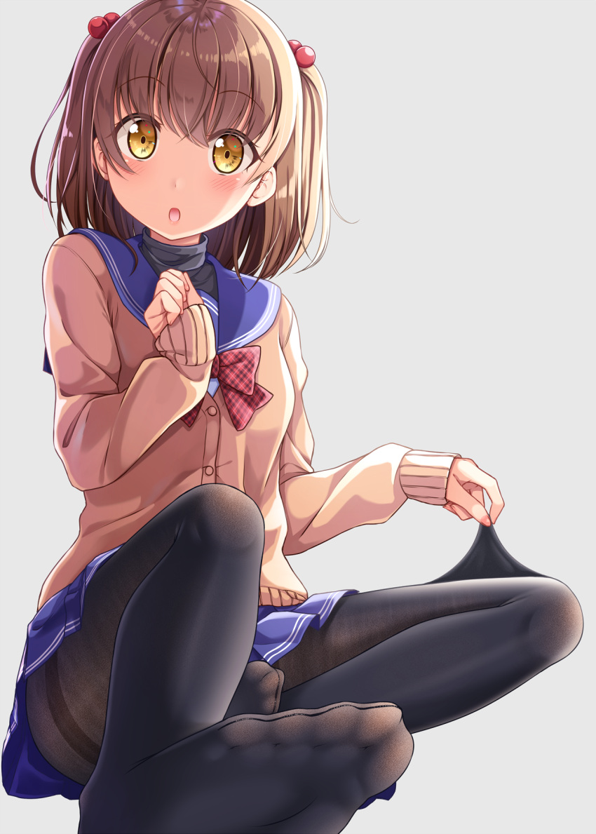 1girl :o ashida_machi bangs black_legwear blue_skirt bow bowtie brown_hair brown_jacket clothes_tug eyebrows_visible_through_hair feet grey_background gurande_(g-size) hair_bobbles hair_ornament hand_on_own_chest highres jacket long_sleeves looking_at_viewer miniskirt no_shoes open_mouth original pantyhose pantyhose_tug plaid plaid_bow plaid_neckwear red_bow red_neckwear shiny shiny_hair short_hair simple_background sitting skirt sleeves_past_wrists solo tareme thighband_pantyhose two_side_up yellow_eyes