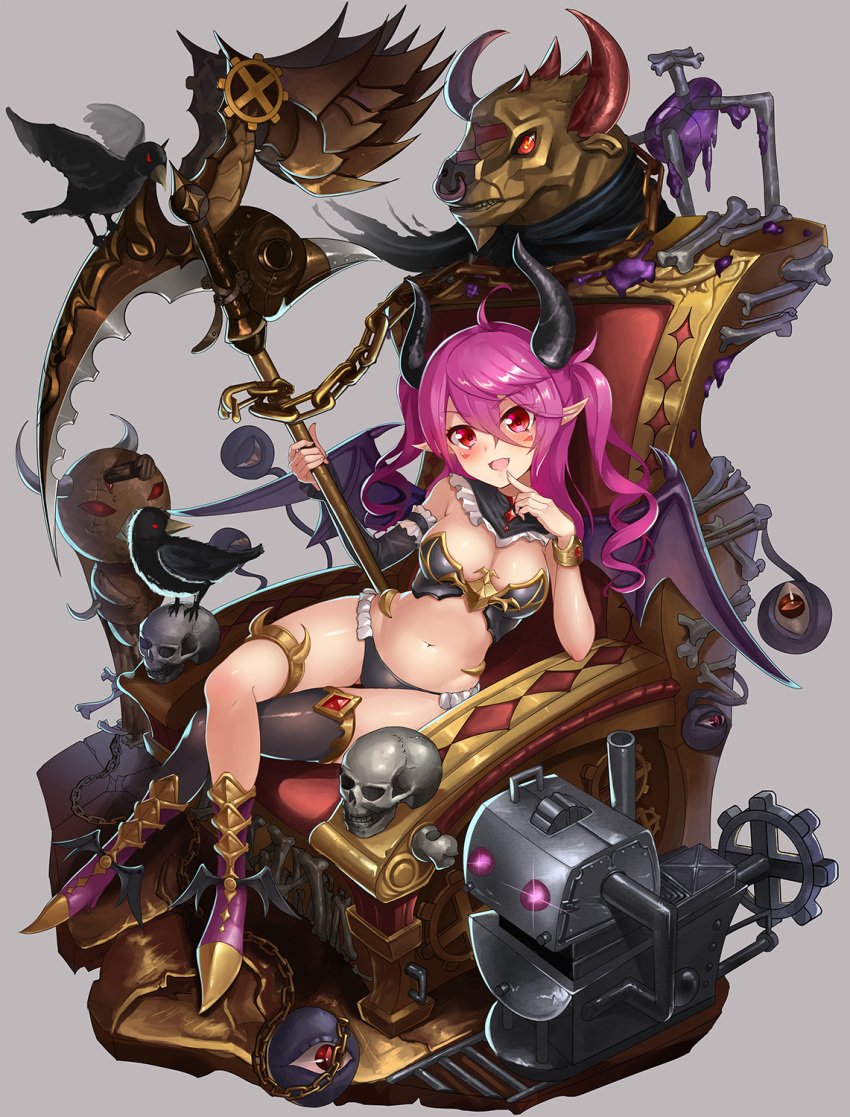 1girl 2drr :d ahoge animal argyle arm_garter armor bangs bikini bikini_armor bird black_bikini black_legwear black_scarf blush bone boots bracelet breasts chains cleavage commentary demon_girl demon_horns demon_wings detached_collar eyeball eyebrows_visible_through_hair facial_mark fang finger_to_mouth frilled_bikini frills full_body gem glint grey_background groin hair_between_eyes head_tilt highres holding holding_scythe holding_weapon horns jewelry knee_boots legs_crossed long_hair looking_at_viewer machine medium_breasts navel open_mouth original pink_footwear pink_hair pointy_ears purple_wings railroad_tracks red_eyes ringlets scarf scythe shiny shiny_hair shiny_skin simple_background single_detached_sleeve single_thighhigh sitting skull slime smile spread_wings stomach swimsuit thigh-highs thighlet throne two_side_up weapon wings