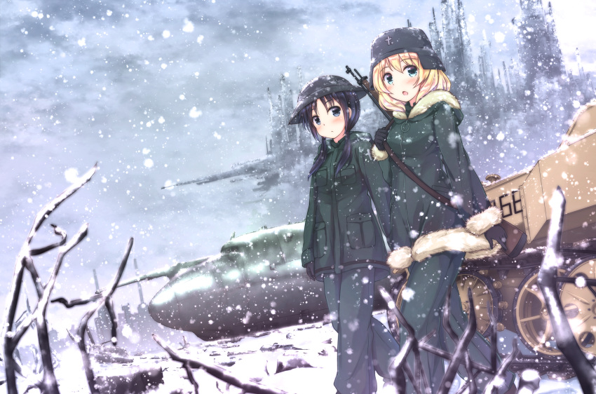 2girls aircraft airplane black_hair blonde_hair blue_eyes chito_(shoujo_shuumatsu_ryokou) clouds cloudy_sky gun highres kettenkrad military military_uniform multiple_girls shoujo_shuumatsu_ryokou sky snow snowing uniform weapon wheels yuuri_(shoujo_shuumatsu_ryokou)