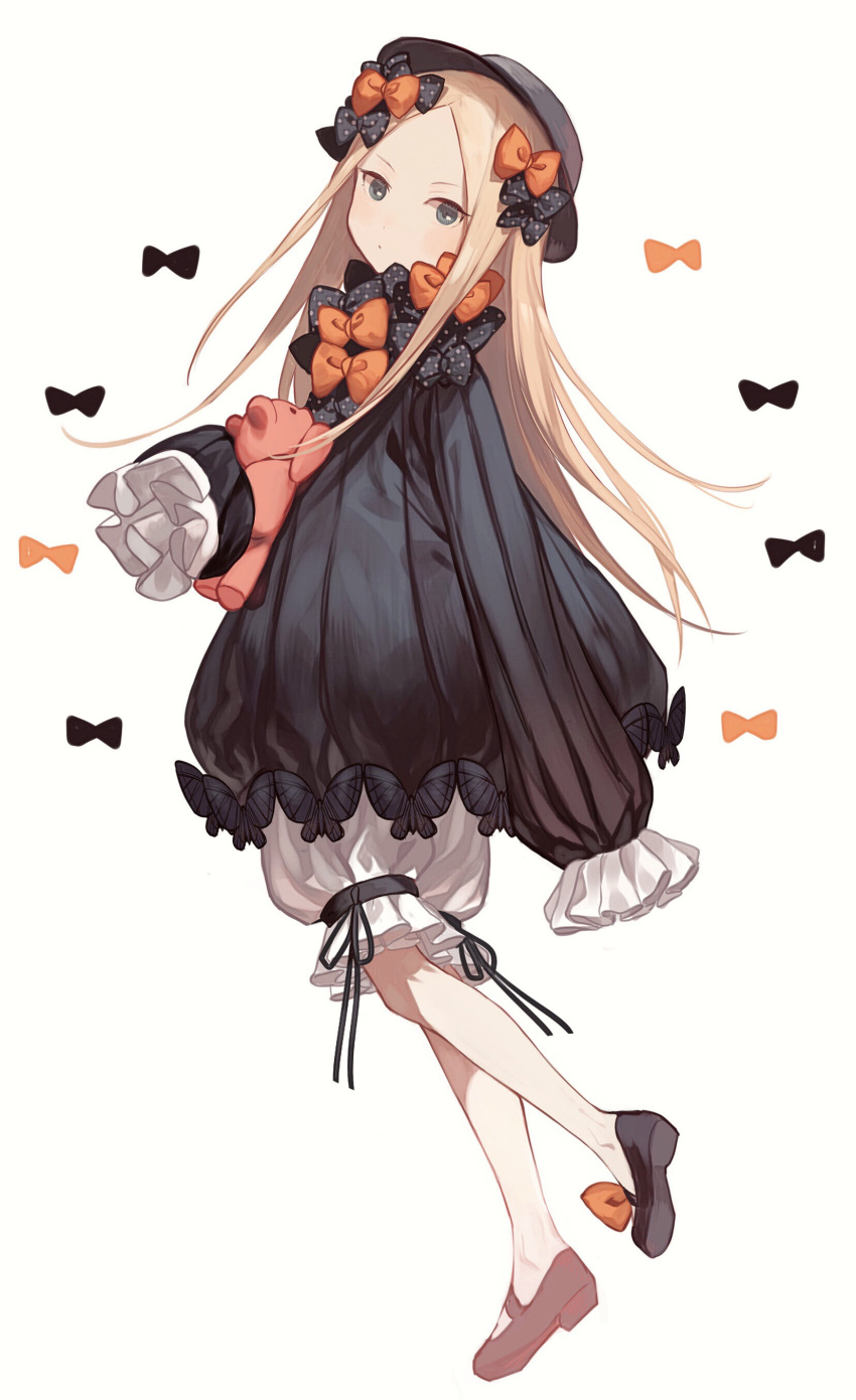 1girl abigail_williams_(fate/grand_order) absurdres arm_at_side bangs black_bow black_dress black_footwear black_hat blonde_hair bloomers blue_eyes blush bow butterfly closed_mouth commentary_request dress fate/grand_order fate_(series) forehead hair_bow hands_in_sleeves hat head_tilt highres long_hair long_sleeves looking_at_viewer looking_to_the_side mo_(mokatampe) object_hug orange_bow parted_bangs polka_dot polka_dot_bow shoes simple_background solo standing standing_on_one_leg stuffed_animal stuffed_toy teddy_bear underwear very_long_hair white_background white_bloomers