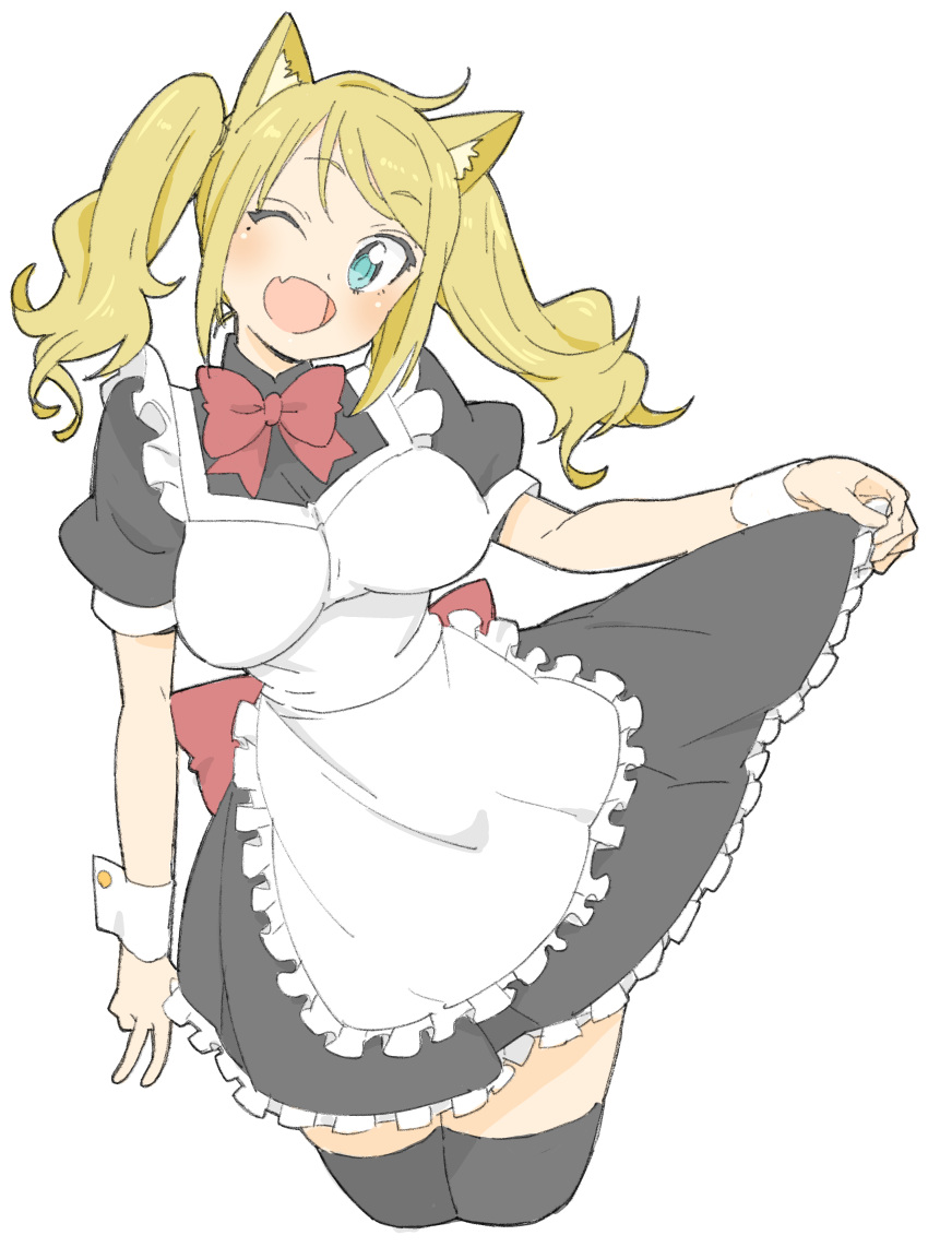 1girl :d absurdres animal_ears apron black_legwear blonde_hair blue_eyes bow bowtie cat_ears cowboy_shot cropped_legs donguri_suzume frilled_skirt frills highres legs_together looking_at_viewer maid maid_apron one_eye_closed open_mouth original puffy_short_sleeves puffy_sleeves red_neckwear short_hair short_sleeves simple_background skirt skirt_lift smile solo standing thigh-highs twintails white_background wrist_cuffs