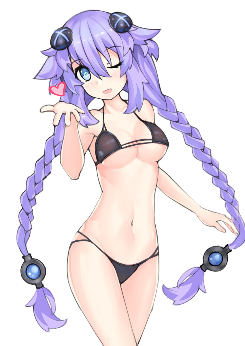 1girl :d absurdres bare_shoulders bikini black_bikini blue_eyes blush braid breasts cowboy_shot d-pad headgear heart highres looking_at_viewer medium_breasts navel neptune_(series) one_eye_closed open_mouth power_symbol purerin purple_hair purple_heart simple_background smile solo swimsuit symbol-shaped_pupils twin_braids twintails