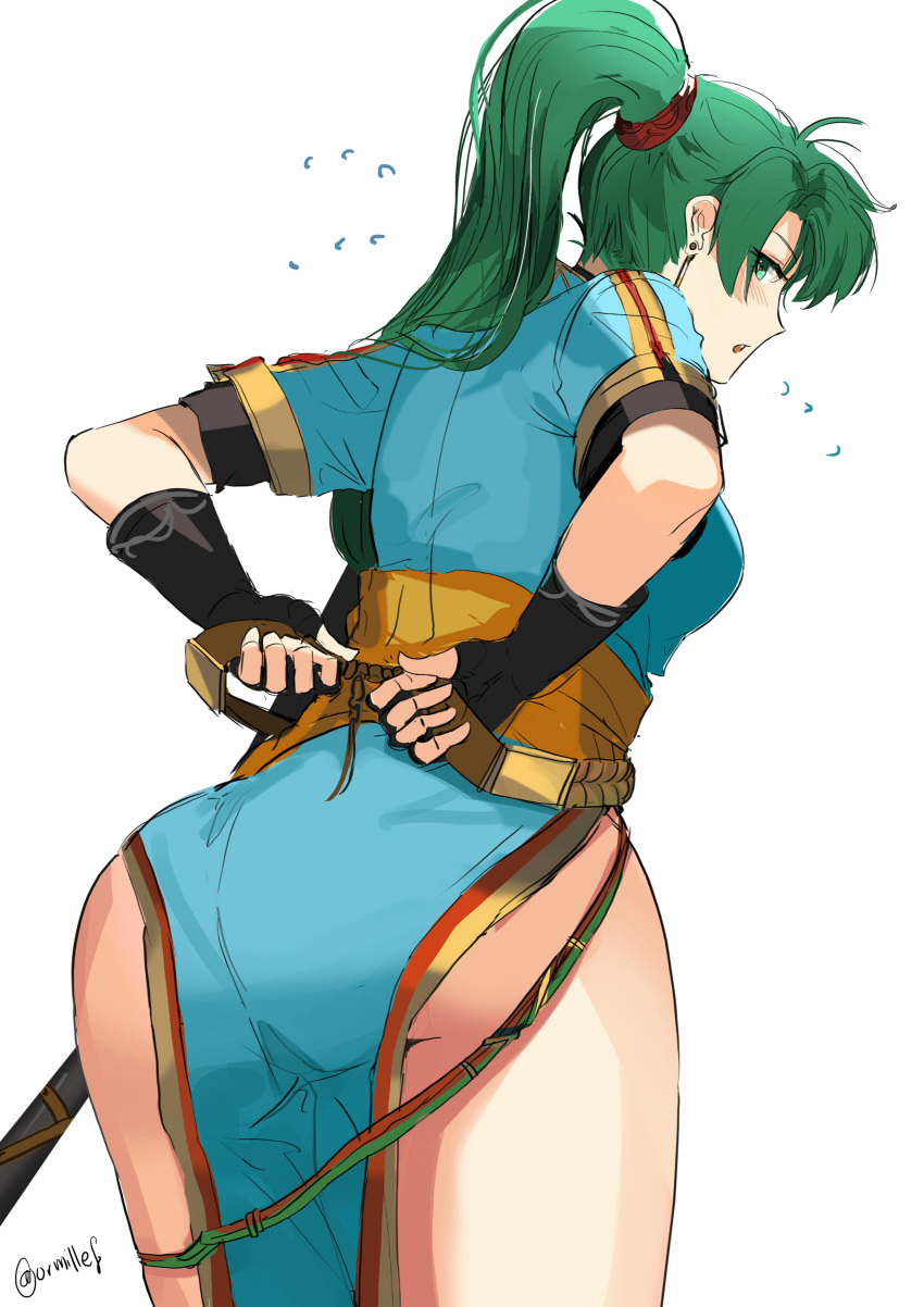 1girl :o absurdres adjusting_clothes ass black_gloves blue_dress blush breasts dotentity dress earrings eko fingerless_gloves fire_emblem fire_emblem:_rekka_no_ken fire_emblem:_the_blazing_blade fire_emblem_blazing_sword flying_sweatdrops from_behind gloves green_eyes green_hair hair_tie high_ponytail highres intelligent_systems jewelry leaning_forward long_hair looking_back lyn_(fire_emblem) lyndis_(fire_emblem) medium_breasts nintendo open_mouth pelvic_curtain profile sash short_sleeves sideways_mouth simple_background solo thighs tsurime twitter_username very_long_hair white_background