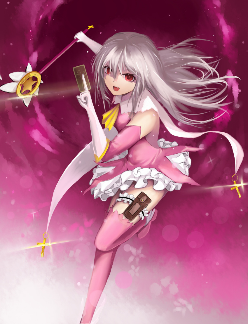 1girl :d absurdres boots cape card commentary_request dress elbow_gloves fate/kaleid_liner_prisma_illya fate_(series) gloves hair_between_eyes highres holster illyasviel_von_einzbern kaleidostick leg_garter long_hair looking_at_viewer magical_girl magical_ruby open_mouth pink_dress pink_footwear pink_gloves prisma_illya red_eyes silver_hair smile solo thigh-highs thigh_boots thigh_holster wand white_gloves