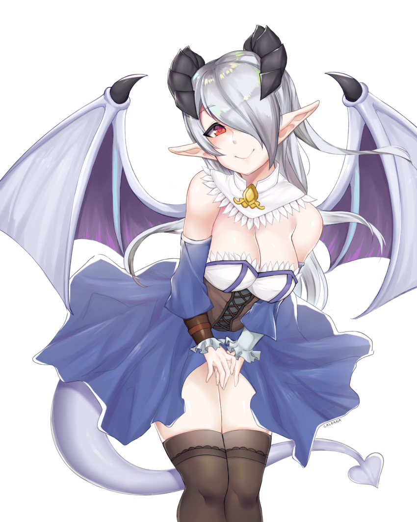 1girl absurdres artist_name breasts brown_legwear caleana commentary commission cowboy_shot demon_girl demon_horns demon_tail demon_wings detached_collar detached_sleeves dress hair_over_one_eye highres horns ilassa_(elh) leaning_forward lilim_(monster_girl_encyclopedia) long_hair looking_at_viewer medium_breasts monster_girl_encyclopedia original pointy_ears red_eyes silver_hair simple_background smile solo tail thigh-highs white_background wings
