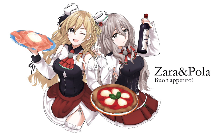 2girls alcohol ascot bare_shoulders blonde_hair bottle bow bowtie braid breasts cleavage_cutout corset cup drinking_glass food french_braid grey_hair hair_between_eyes hat highres italian kantai_collection large_breasts layered_skirt long_hair long_sleeves looking_at_viewer mini_hat miniskirt morinaga_miki multiple_girls neckerchief necktie one_eye_closed pizza pola_(kantai_collection) red_skirt remodel_(kantai_collection) shirt side_braid skirt smile thigh_strap wavy_hair white_shirt wine wine_bottle wine_glass zara_(kantai_collection)