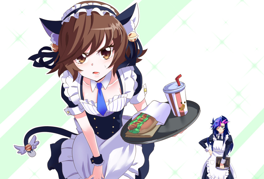 1boy 1girl akatsu_masato alternate_costume alternate_hair_length alternate_hairstyle ambiguous_gender animal_ears apron bangs bell blue_hair blue_neckwear blush brown_eyes brown_hair cat_ears cat_tail crossdressinging drink embarrassed enmaided fujiki_yuusaku green_eyes hair_bell hair_ornament highres hot_dog long_hair long_sleeves maid maid_apron menu one_eye_closed open_mouth puffy_long_sleeves puffy_short_sleeves puffy_sleeves short_hair short_sleeves tail trap tray wrist_cuffs yu-gi-oh! yuu-gi-ou_vrains zaizen_aoi