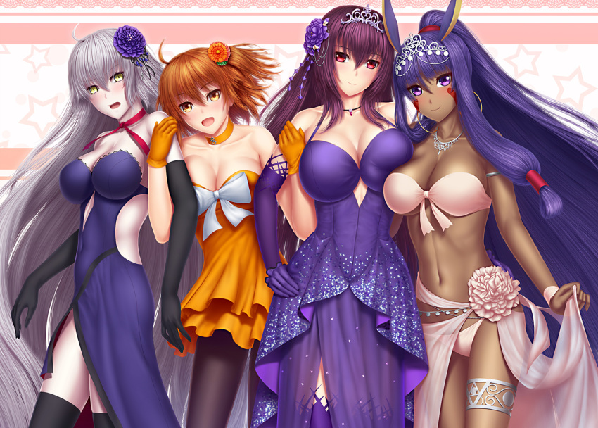 4girls :d ahoge alternate_costume animal_ears armlet asymmetrical_docking bangs bare_shoulders bikini black_gloves black_legwear blush bow breast_press breasts choker cleavage closed_mouth collarbone covered_navel dark_skin dress earrings elbow_gloves eyebrows_visible_through_hair facial_mark fate/grand_order fate_(series) flower fujimaru_ritsuka_(female) gloves hair_flower hair_ornament hand_on_hip head_tilt hoop_earrings jeanne_d'arc_(alter)_(fate) jeanne_d'arc_(fate)_(all) jewelry large_bow large_breasts layered_dress leaning_forward lifted_by_self long_hair looking_at_viewer low-tied_long_hair masatoki medium_breasts midriff multiple_girls navel necklace nitocris_(fate/grand_order) one_side_up open_mouth orange_choker orange_dress orange_eyes orange_gloves orange_hair pale_skin pantyhose pink_eyes pink_hair purple_dress purple_gloves purple_hair ribbon_choker sarong_lift scathach_(fate/grand_order) sidelocks silver_hair smile star starry_background stomach strapless strapless_dress swimsuit thigh-highs thigh_strap tiara very_long_hair violet_eyes white_bikini white_bow wristband yellow_eyes