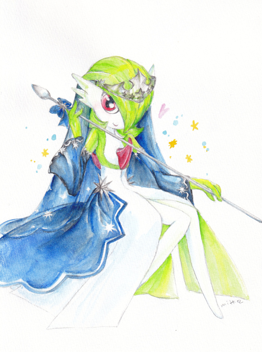 1girl absurdres artist_name bangs blue_bow blue_sleeves bob_cut bow closed_mouth clothed_pokemon colored_skin commentary_request detached_sleeves flat_chest full_body gardevoir green_hair green_skin grey_headwear hair_over_one_eye hand_up happy heart highres holding holding_polearm holding_weapon invisible_chair knees_together_feet_apart long_sleeves looking_at_viewer mikka_(2022asobumikka) multicolored_skin one_eye_covered pokemon pokemon_(creature) polearm red_eyes short_hair signature simple_background sitting smile solo sparkle spear star_(symbol) tiara traditional_media two-tone_skin veil waist_cape weapon white_background white_skin wide_sleeves
