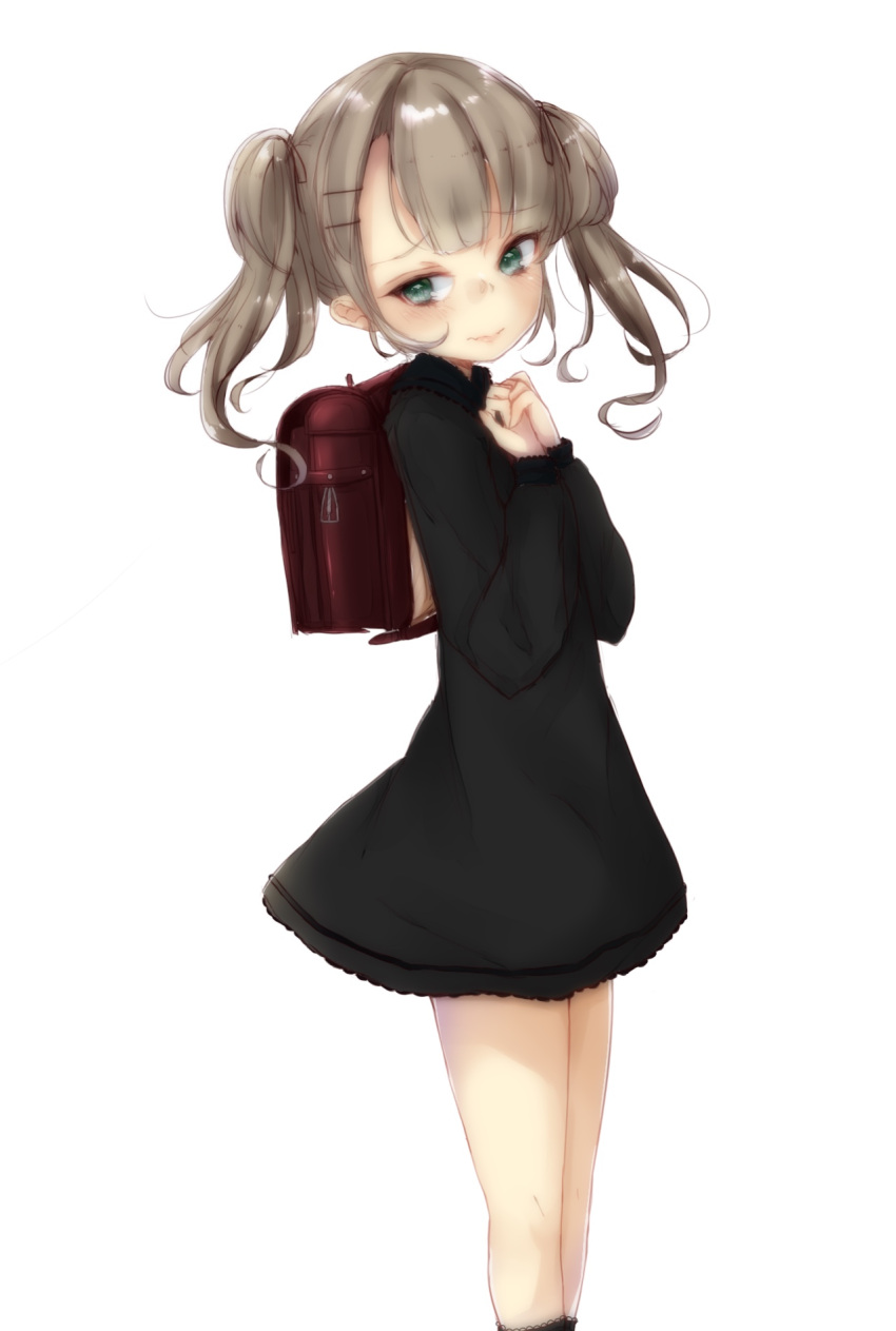 1girl backpack bag bangs black_dress black_legwear black_ribbon blush closed_mouth commentary_request dress eyebrows_visible_through_hair green_eyes hair_ornament hair_ribbon hairclip highres kneehighs light_brown_hair long_sleeves looking_away looking_back meropantsu original randoseru ribbon simple_background solo twintails white_background