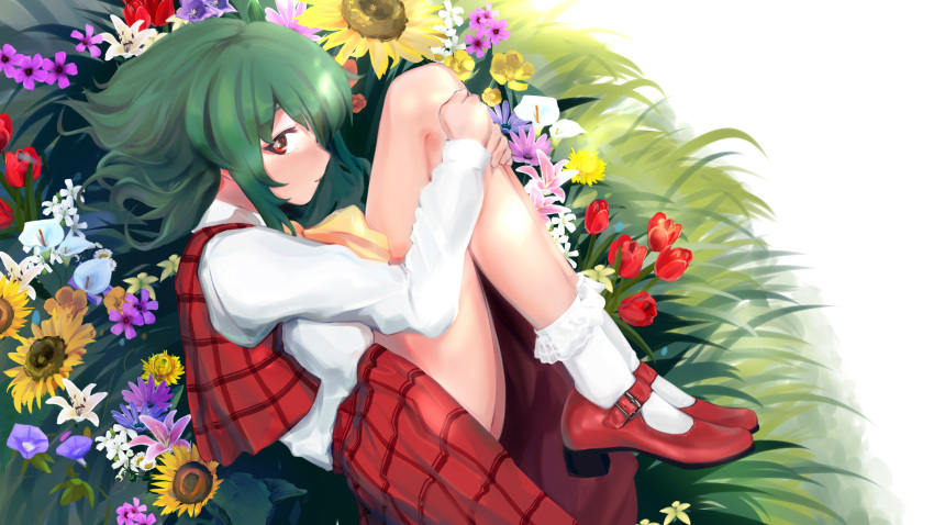 1girl ascot commentary_request curled_up fetal_position flower green_hair highres kazami_yuuka long_sleeves looking_at_viewer plaid plaid_skirt plaid_vest puchikya red_eyes red_footwear red_vest shirt short_hair skirt touhou vest white_shirt yellow_neckwear