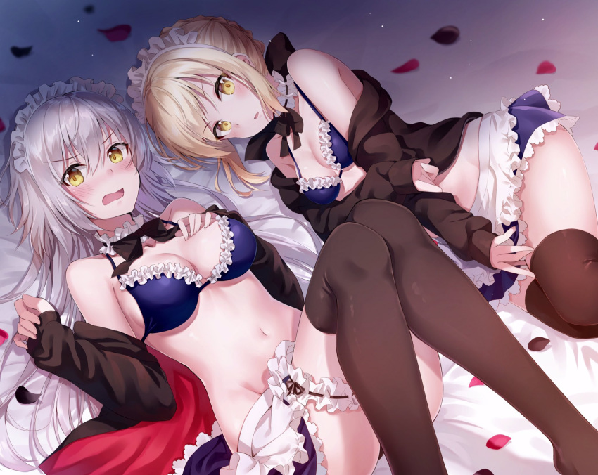 2girls apron artoria_pendragon_(all) artoria_pendragon_(swimsuit_rider_alter) bangs bare_shoulders bed_sheet bikini_top black_bow black_jacket black_neckwear blonde_hair blue_skirt blush bow breasts brown_legwear collarbone embarrassed eyebrows_visible_through_hair fate/grand_order fate_(series) frilled_bikini_top fujimaru_ritsuka_(male) hair_between_eyes hand_on_own_chest highres jacket jeanne_d'arc_(alter)_(fate) jeanne_d'arc_(fate)_(all) leg_garter light_particles long_hair long_sleeves looking_at_viewer lying maid_headdress medium_breasts miniskirt multiple_girls navel nonono nose_blush off_shoulder on_back on_side open_clothes open_jacket petals saber_alter short_hair silver_hair skirt sleeves_past_wrists small_breasts stomach thigh-highs v-shaped_eyebrows very_long_hair waist_apron white_apron yellow_eyes