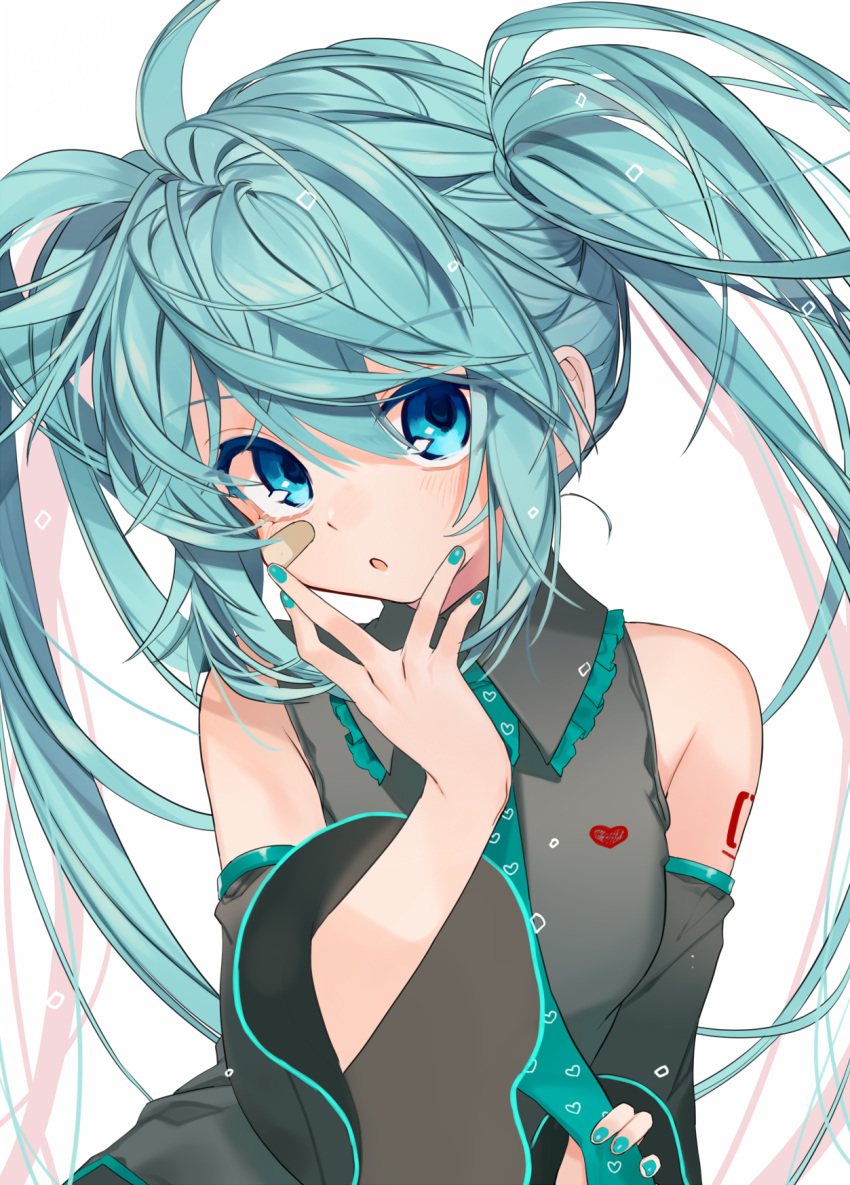 1girl bandaid bandaid_on_face bare_shoulders blue_eyes blue_hair blue_nails blue_neckwear detached_sleeves gotoh510 hatsune_miku heart highres looking_at_viewer messy_hair nail_polish necktie parted_lips shirt sleeveless sleeveless_shirt solo twintails upper_body vocaloid