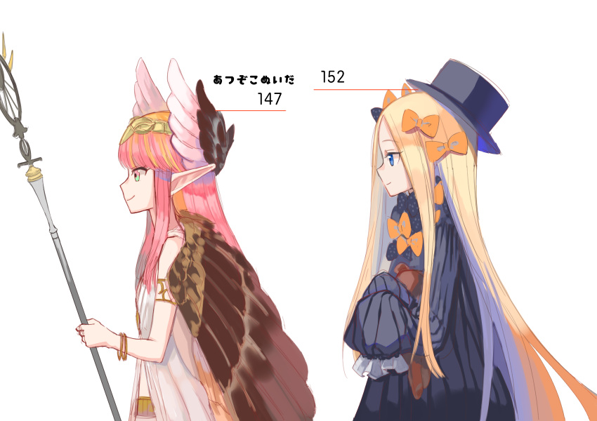 2girls abigail_williams_(fate/grand_order) bangs black_bow black_dress black_hat black_wings blonde_hair blue_eyes bow bracelet brown_wings butterfly circe_(fate) closed_mouth dress eyebrows_visible_through_hair fate/grand_order fate_(series) feathered_wings green_eyes hair_bow hands_in_sleeves hat head_wings highres holding jewelry kumo955 long_hair long_sleeves looking_at_viewer multiple_girls object_hug orange_bow parted_bangs pink_hair pointy_ears polka_dot polka_dot_bow profile simple_background sleeveless sleeveless_dress smile stuffed_animal stuffed_toy teddy_bear translation_request very_long_hair white_background white_dress wings