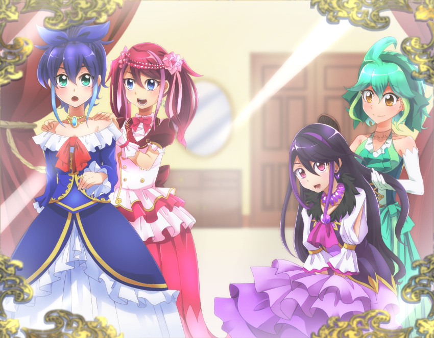 4girls akatsu_masato alternate_costume blue_bow blue_eyes blue_hair bow butterfly_earrings dress elbow_gloves eyebrows_visible_through_hair gloves green_hair hand_on_another's_shoulder highres hiiragi_yuzu jewelry kurosaki_ruri looking_at_viewer mirror multiple_girls musical_note_earrings necklace open_mouth orange_eyes pink_hair pink_neckwear puffy_short_sleeves puffy_sleeves purple_hair reflection rin_(yuu-gi-ou_arc-v) ring serena_(yuu-gi-ou_arc-v) short_sleeves sleeveless smile stage_curtains strapless surprised violet_eyes yu-gi-oh! yuu-gi-ou_arc-v