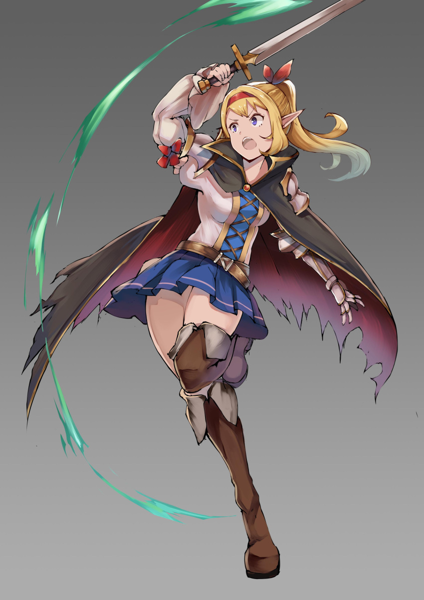 &gt;:o 1girl absurdres belt black_cape blonde_hair blue_eyes blue_skirt boots brown_footwear cape full_body gauntlets gradient gradient_background grey_background hairband highres holding holding_sword holding_weapon knee_boots kumori_(pixiv24446782) long_hair original pointy_ears ponytail skirt slashing solo standing standing_on_one_leg sword weapon