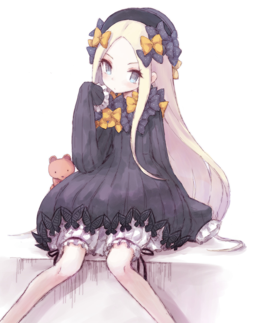 1girl abigail_williams_(fate/grand_order) absurdres bangs black_bow black_dress black_hat blonde_hair bloomers blue_eyes blush bow buran_(kure) butterfly closed_mouth commentary_request dress fate/grand_order fate_(series) hair_bow hands_in_sleeves hat highres long_sleeves looking_at_viewer orange_bow parted_bangs polka_dot polka_dot_bow simple_background sitting solo stuffed_animal stuffed_toy teddy_bear underwear v-shaped_eyebrows white_background white_bloomers