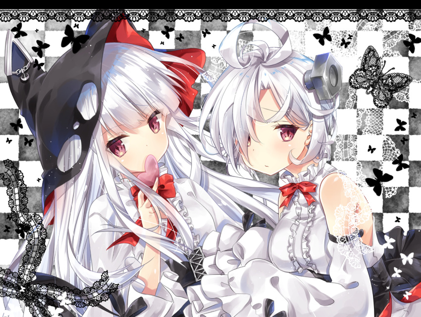 2girls ahoge animal_hat azur_lane bangs black_hat black_skirt blush bolt bow bowtie butterfly center_frills checkered checkered_background closed_mouth commentary_request detached_sleeves erebus_(azur_lane) eyebrows_visible_through_hair frills hair_over_one_eye hands_in_sleeves hat head_tilt heart holding holding_heart kurun_(kurun777) lace_border long_hair looking_at_viewer multiple_girls pink_eyes red_neckwear shirt short_hair silver_hair skirt terror_(azur_lane) torn_clothes torn_hat very_long_hair white_shirt