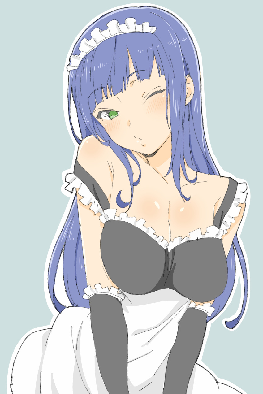 1girl absurdres apron bangs bare_shoulders black_gloves blue_background blue_hair blunt_bangs blush breast_squeeze breasts cleavage closed_mouth contrapposto donguri_suzume elbow_gloves eyebrows_visible_through_hair gloves green_eyes highres large_breasts long_hair looking_at_viewer maid maid_apron maid_headdress one_eye_closed original simple_background solo standing upper_body