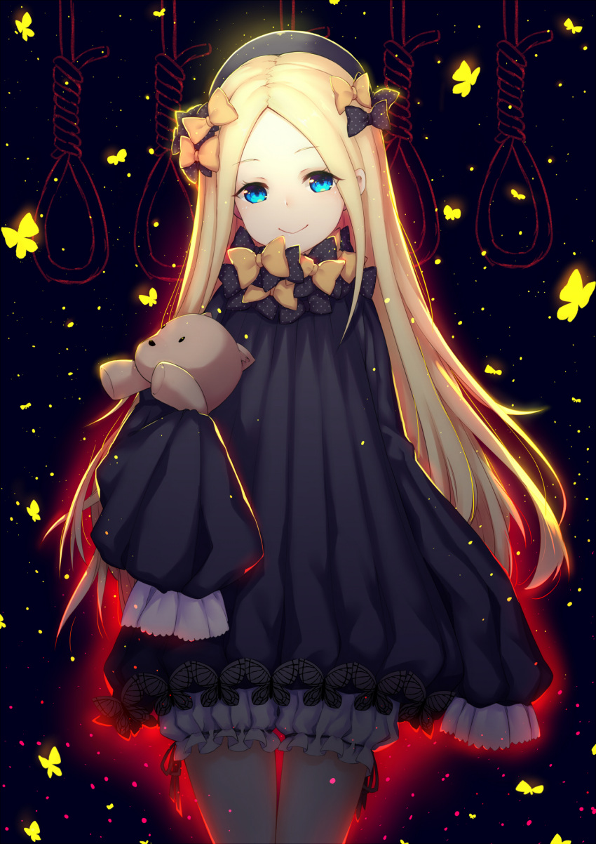 1girl abigail_williams_(fate/grand_order) absurdres bangs black_background black_bow black_dress black_hat blonde_hair bloomers blue_eyes bow butterfly closed_mouth commentary_request dress eyebrows_visible_through_hair fate/grand_order fate_(series) forehead glowing hair_bow hands_in_sleeves hat head_tilt highres jie_(530940004) long_hair long_sleeves looking_at_viewer noose object_hug orange_bow parted_bangs polka_dot polka_dot_bow smile solo stuffed_animal stuffed_toy teddy_bear underwear very_long_hair white_bloomers
