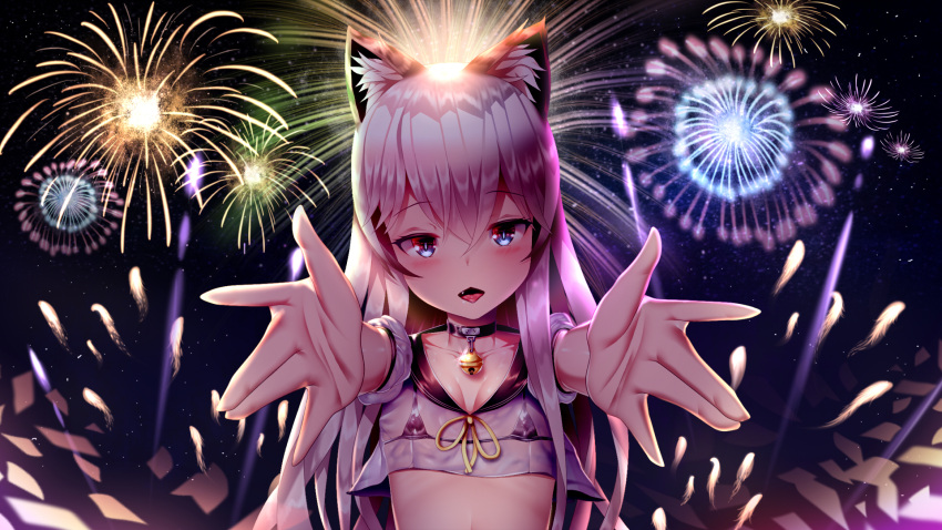 1girl animal_ears bell bikini bikini_top blue_eyes breasts cat_ears choker cleavage crop_top fang fireworks highres jingle_bell long_hair looking_at_viewer micro_bikini night night_sky open_mouth original outstretched_arms outstretched_hand see-through shirt silver_hair sky small_breasts smile solo sootack star_(sky) swimsuit tongue tongue_out upper_body