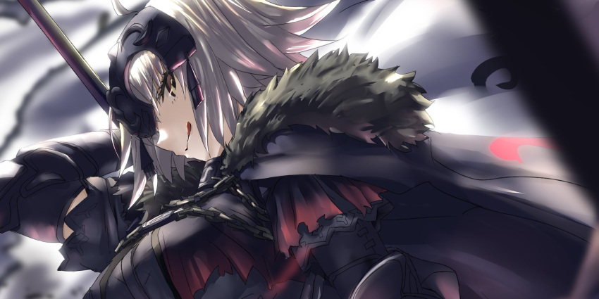 1girl armor armored_dress chains fate/grand_order fate_(series) fur_trim headpiece highres jeanne_d'arc_(alter)_(fate) jeanne_d'arc_(fate)_(all) profile short_hair tongue tongue_out tsuuhan upper_body
