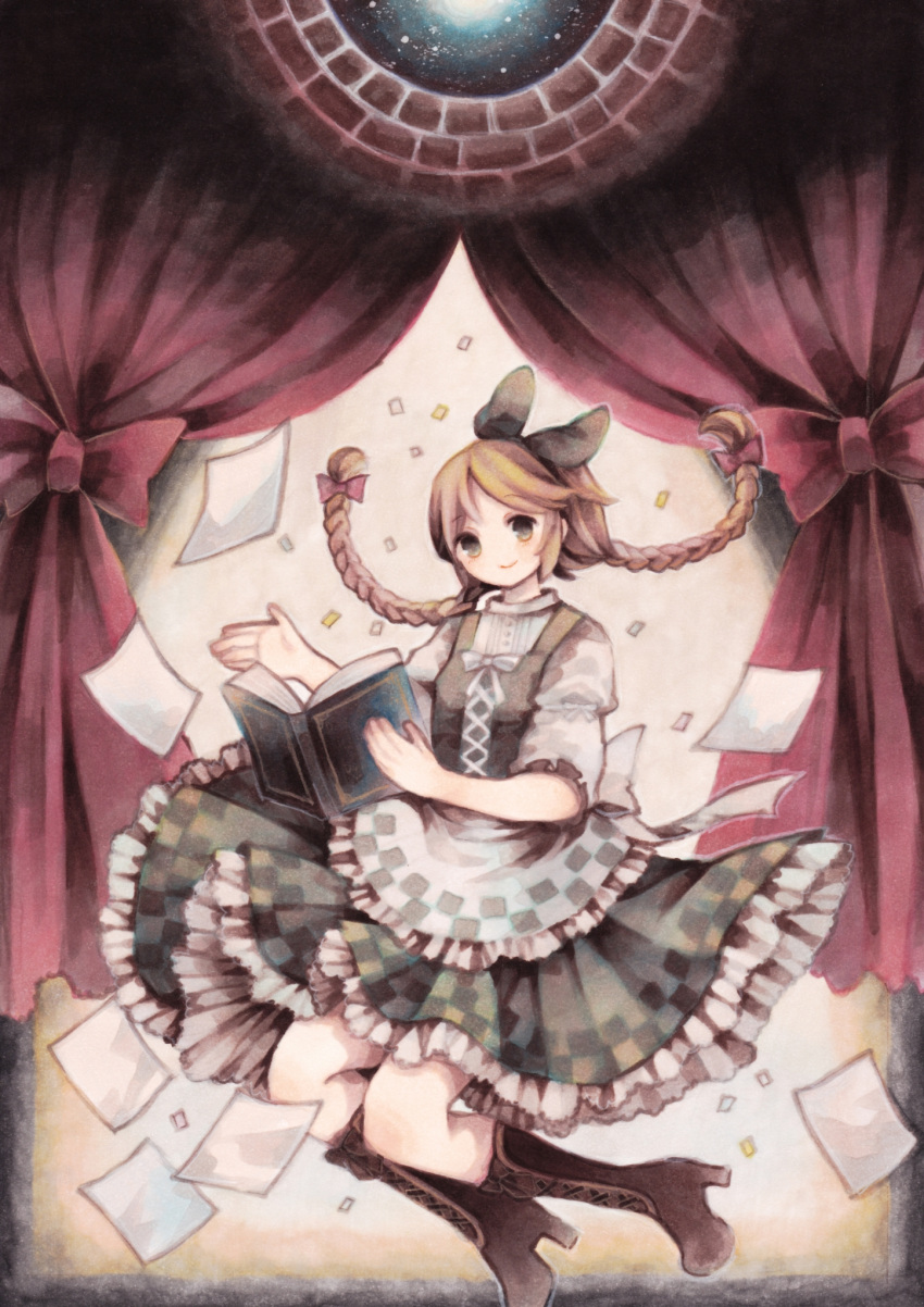 1girl book boots bow braid brown_hair commentary_request curtains dress frills green_eyes hair_bow highres idoko long_hair marchen pages ribbon smile solo sound_horizon twin_braids wiriam07