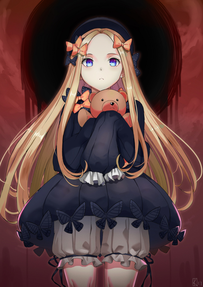 1girl abigail_williams_(fate/grand_order) bangs black_bow black_dress black_hat blonde_hair bloomers blue_eyes bow butterfly closed_mouth commentary dress fate/grand_order fate_(series) forehead hair_bow hands_in_sleeves hat highres kakeku long_hair long_sleeves looking_at_viewer object_hug orange_bow parted_bangs polka_dot polka_dot_bow signature solo stuffed_animal stuffed_toy teddy_bear underwear very_long_hair white_bloomers