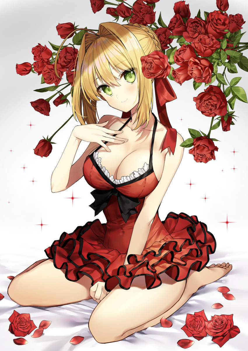 1girl absurdres ahoge bare_arms bare_shoulders barefoot between_legs blush braid branch breasts cleavage commentary covered_navel dress eyebrows_visible_through_hair fate/extra fate_(series) flower gambe green_eyes hair_intakes hand_between_legs hand_on_own_chest highres large_breasts looking_at_viewer nero_claudius_(fate) nero_claudius_(fate)_(all) red_dress red_rose rose short_hair sitting smile solo sparkle