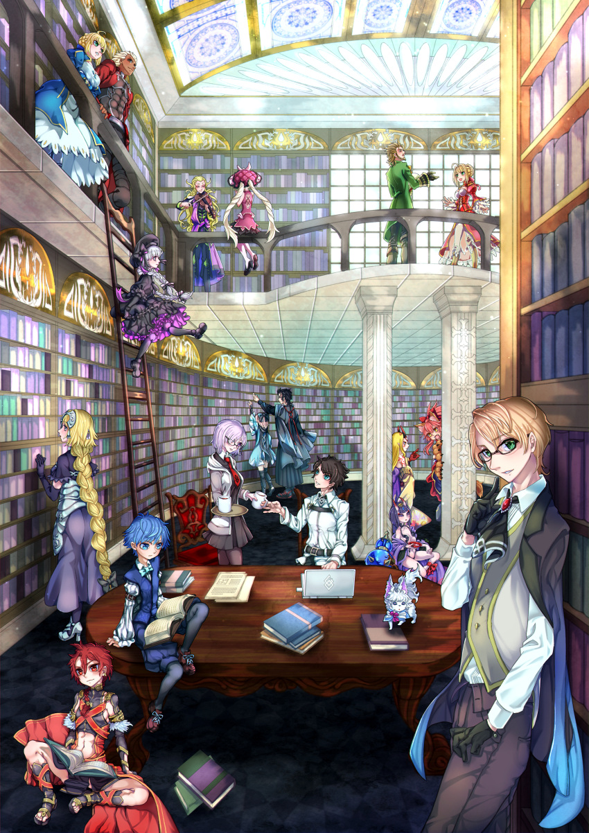 6+boys 6+girls :d :o absurdres ahoge aqua_eyes archer artoria_pendragon_(all) black_footwear black_gloves black_hair black_hat black_legwear blonde_hair blue-spinel blue_dress blue_eyes book bookshelf braid brown_eyes chair character_request column computer crown_braid cup dress everyone fate/grand_order fate_(series) frilled_dress frills glasses gloves green_eyes hat highres inside instrument jeanne_d'arc_(fate) jeanne_d'arc_(fate)_(all) ladder laptop lolita_fashion long_hair mash_kyrielight mug multiple_boys multiple_girls music nursery_rhyme_(fate/extra) oni oni_horns open_book open_mouth papers parted_lips pillar playing_instrument pointing purple_hair red_dress saber short_hair shuten_douji_(fate/grand_order) silver_hair sitting sitting_on_table smile standing table twin_braids very_long_hair violin window