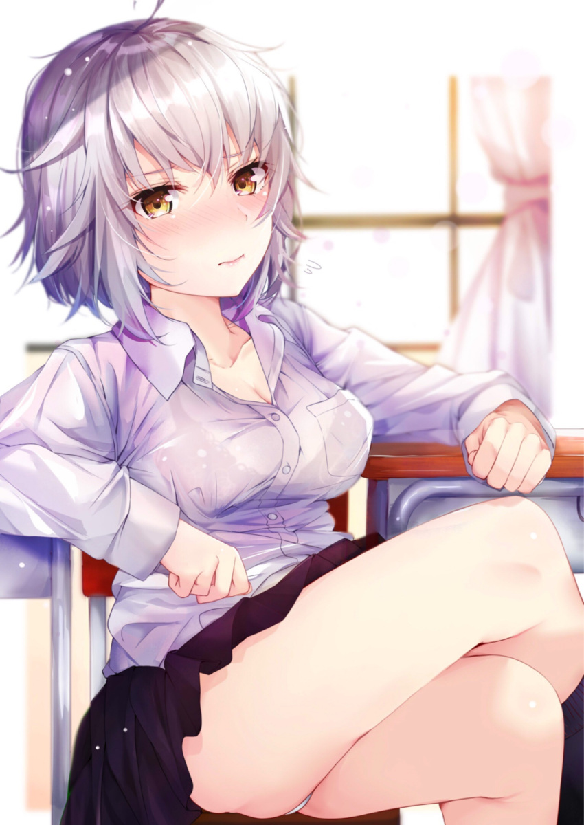 1girl black_skirt blush breast_pocket chair classroom commentary_request curtains desk dress_shirt fate/grand_order fate_(series) highres indoors jeanne_d'arc_(alter)_(fate) jeanne_d'arc_(fate)_(all) legs_crossed long_sleeves looking_at_viewer pocket rouka_(akatyann) school_desk shirt short_hair silver_hair sitting skirt solo thighs white_shirt window yellow_eyes