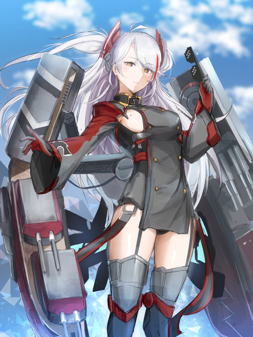 1girl antenna_hair azur_lane bangs black_panties blue_sky blurry blurry_background blush boots breasts bright_pupils brown_eyes closed_mouth clouds day deal_with_it double-breasted dress eyebrows_visible_through_hair eyewear_removed garter_straps gloves grey_dress grey_footwear grey_gloves highres holding_eyewear iron_cross kagerou_(gigayasoma) large_breasts legs_up long_hair long_sleeves looking_at_viewer machinery military military_uniform mole mole_on_breast multicolored_hair outdoors panties pantyshot pantyshot_(standing) prinz_eugen_(azur_lane) redhead short_dress sideboob silver_hair sky smile solo standing streaked_hair sunglasses swept_bangs thigh-highs thigh_boots turret two_side_up underbust underwear uniform upskirt very_long_hair wide_sleeves