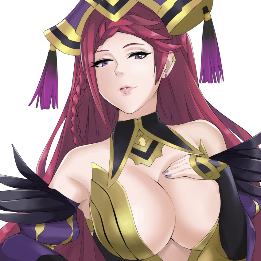 1girl bare_shoulders braid breasts cleavage earrings feather_trim fire_emblem fire_emblem_heroes hand_on_own_chest hat highres j@ck jewelry large_breasts lipstick loki_(fire_emblem_heroes) long_hair looking_at_viewer makeup nail_polish parted_lips purple_hair purple_nails smile solo upper_body violet_eyes