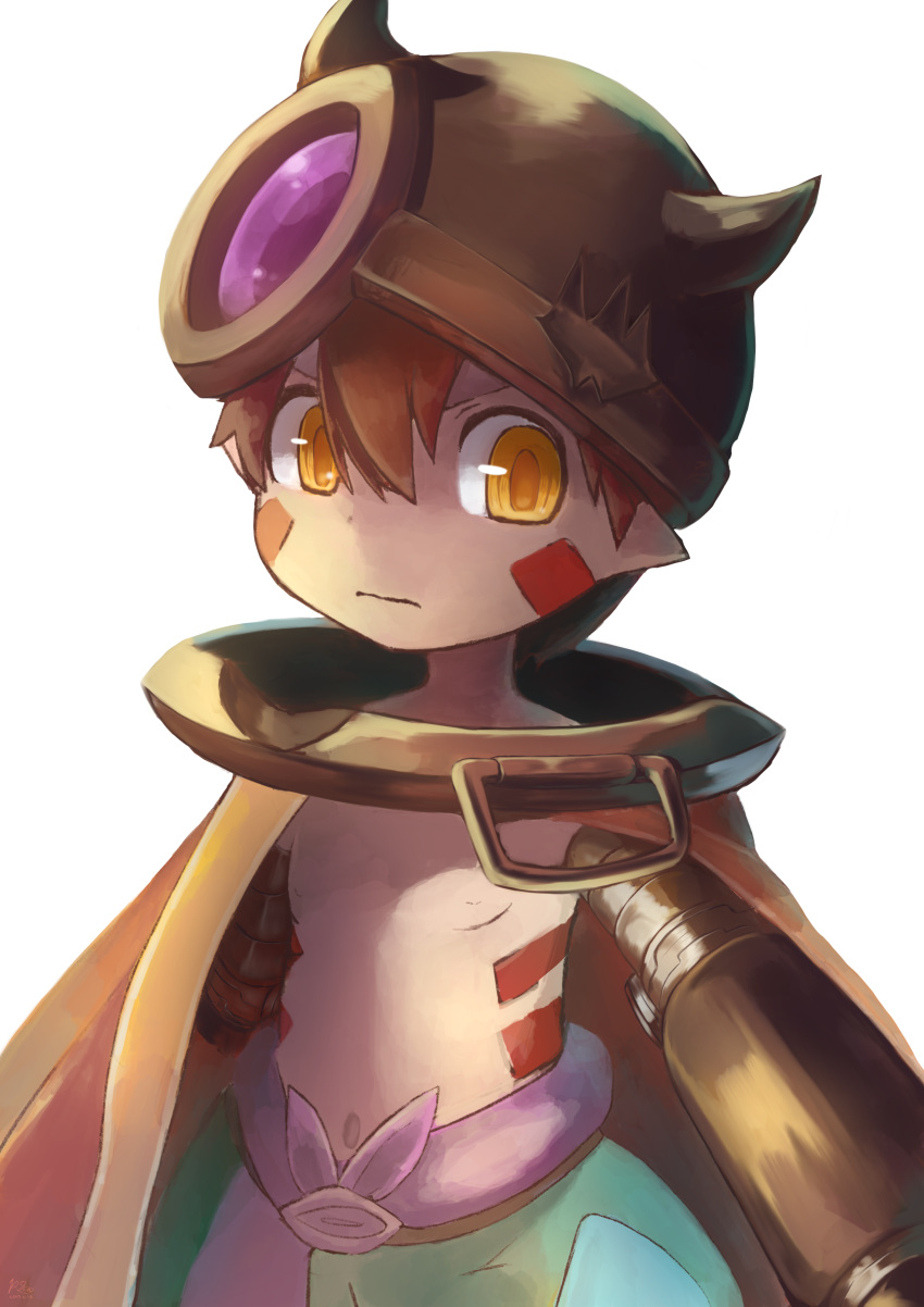 1boy absurdres belt brown_hair cape closed_mouth collar commentary_request facial_mark green_pants hair_between_eyes helmet highres horned_helmet looking_at_viewer made_in_abyss male_focus mechanical_arms metal_collar pants pointy_ears puffy_pants regu_(made_in_abyss) riasgomibako shirtless simple_background solo standing white_background yellow_eyes