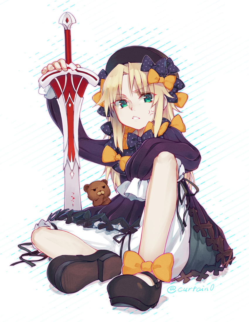 1girl abigail_williams_(fate/grand_order) abigail_williams_(fate/grand_order)_(cosplay) anger_vein bear black_bow black_dress black_footwear black_hat blonde_hair bloomers bow butterfly commentary_request cosplay curtain_(posuinochuanglian) diagonal_stripes dress eyebrows_visible_through_hair fate/grand_order fate_(series) fingernails full_body green_eyes hair_bow hand_on_hilt hand_on_own_chin hands_in_sleeves hat highres long_hair long_sleeves looking_at_viewer mary_janes mordred_(fate) mordred_(fate)_(all) object_hug orange_bow orion_(fate/grand_order) parted_lips polka_dot polka_dot_bow shoes sitting stuffed_animal stuffed_toy sword teddy_bear underwear very_long_hair weapon white_bloomers