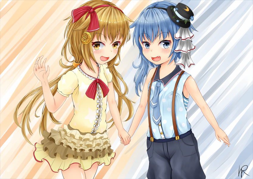 2girls alternate_costume anchor_symbol armpit_peek bangs bare_arms bare_shoulders blue_eyes blue_hair blue_neckwear buttons center_frills cowboy_shot crescent crescent_moon_pin eyebrows_visible_through_hair fang flower flower_request hairband hand_holding hand_up hat highres kantai_collection layered_skirt logiclr long_hair looking_at_viewer looking_to_the_side low_twintails minazuki_(kantai_collection) mini_hat mini_top_hat multiple_girls necktie open_mouth polka_dot red_hairband remodel_(kantai_collection) satsuki_(kantai_collection) shiny shiny_skin shirt short_hair_with_long_locks short_sleeves shorts signature sleeveless sleeveless_shirt smile striped suspender_shorts suspenders top_hat twintails