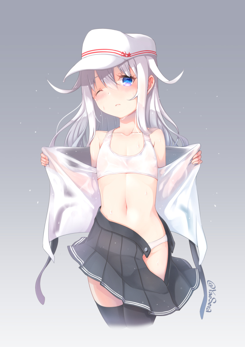 1girl ;( bare_shoulders black_legwear black_skirt blue_eyes blush bra closed_mouth collarbone cowboy_shot cropped_legs flat_cap flat_chest frown grey_background groin hairband hammer_and_sickle hat head_tilt hibiki_(kantai_collection) highres kantai_collection long_hair looking_at_viewer navel off_shoulder one_eye_closed open_clothes open_fly open_shirt panties panty_peek pleated_skirt remodel_(kantai_collection) revision see-through shirt silver_hair simple_background skirt skirt_pull solo sports_bra standing stomach thigh-highs twitter_username unbuttoned underwear undressing verniy_(kantai_collection) water water_drop wet wet_clothes wet_shirt white_bra white_hat white_panties yaosera