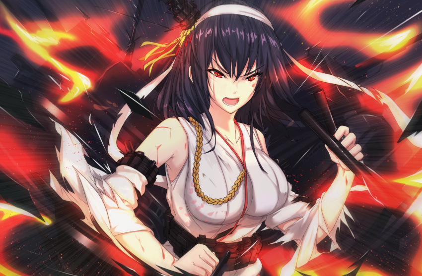 &gt;:o 1girl antiqq black_hair blood blood_on_face collarbone commentary_request detached_sleeves hachimaki headband injury kantai_collection long_hair looking_at_viewer machinery nontraditional_miko red_eyes remodel_(kantai_collection) scratches solo torn_clothes turret v-shaped_eyebrows yamashiro_(kantai_collection)