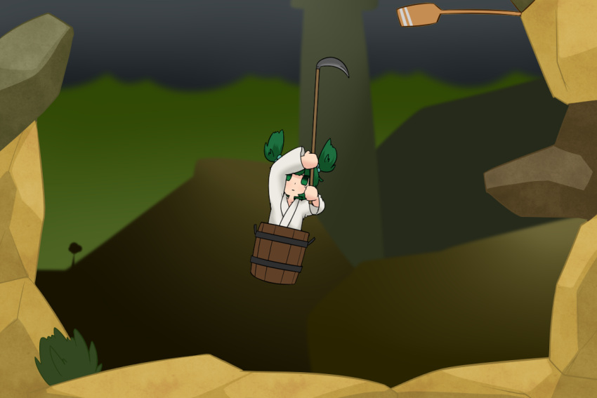 1girl blackbad bucket empty_eyes getting_over_it green_eyes green_hair in_bucket in_container kisume parody sickle solo touhou wooden_bucket